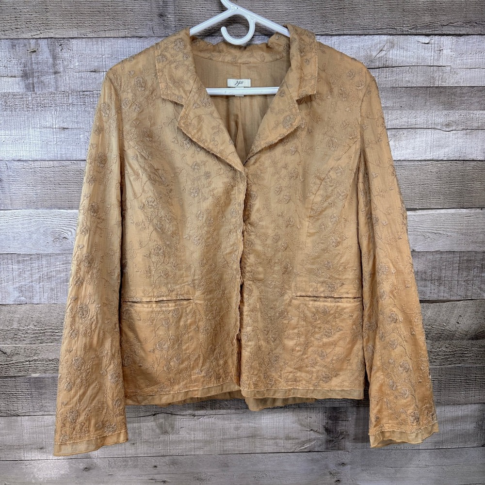 J. Jill Tan Floral Embroidered Cotton Blazer Jacket Size 12